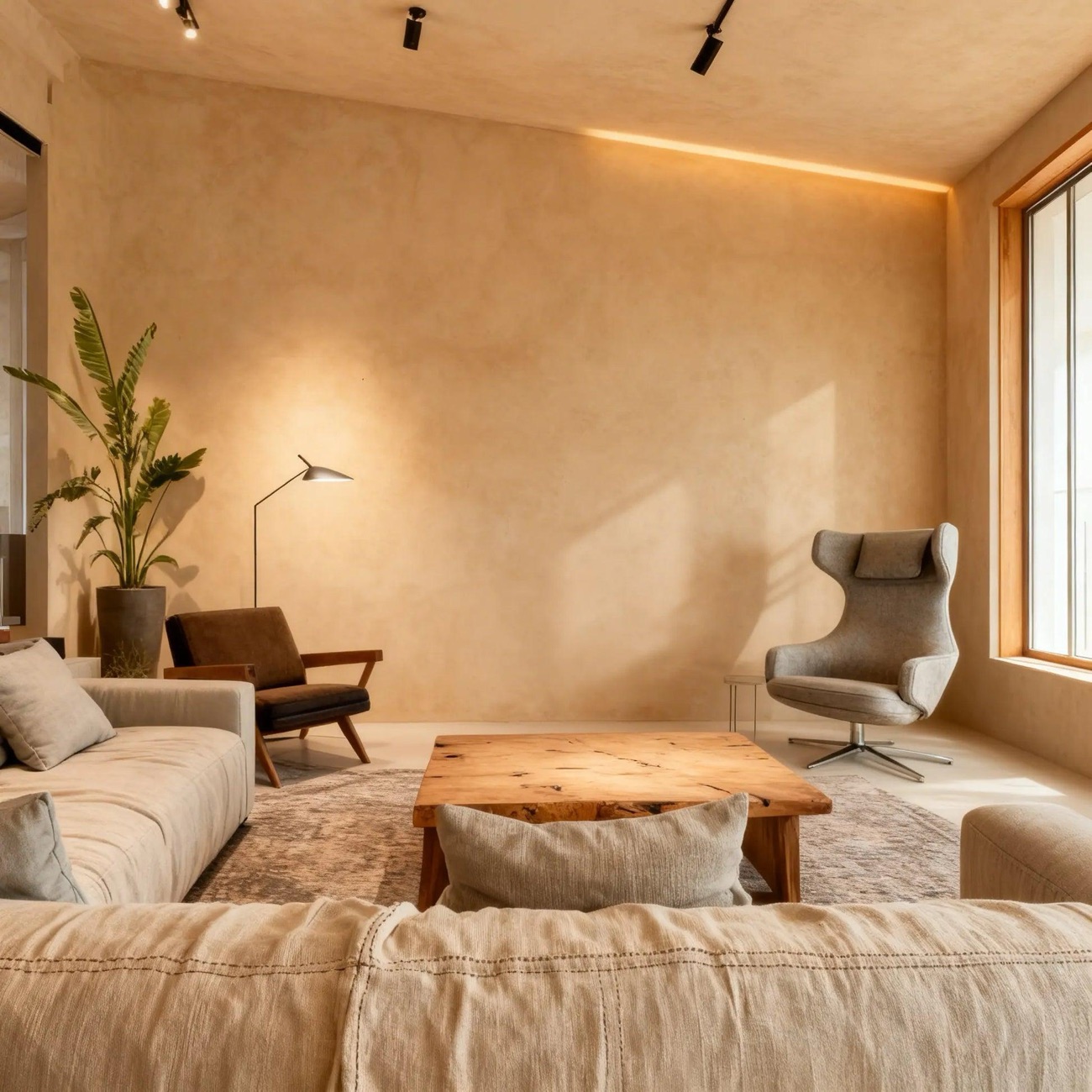 Warm lime-plaster walls in a bedroom, lit from a cove
