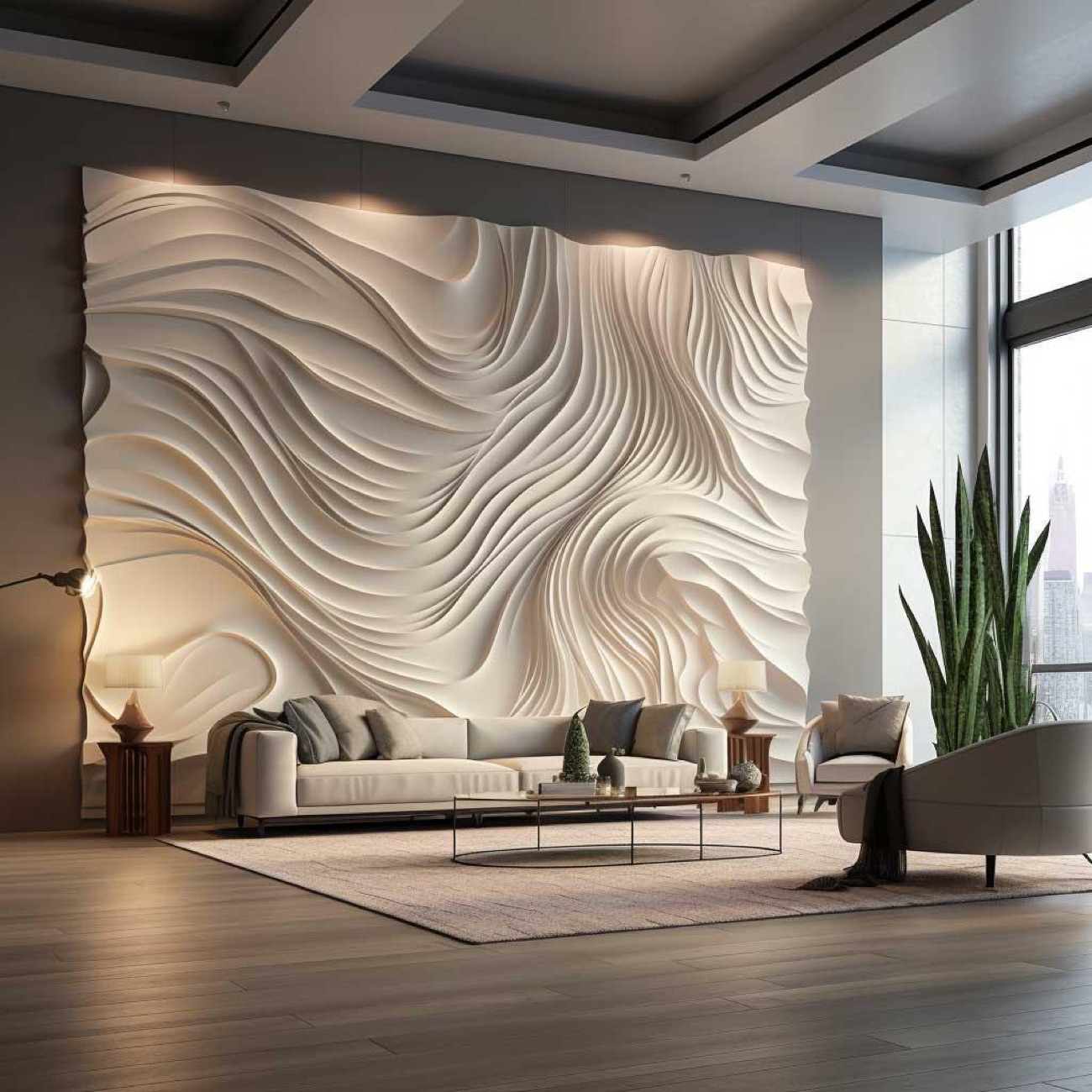 Rippled relief panel running the width of a living room