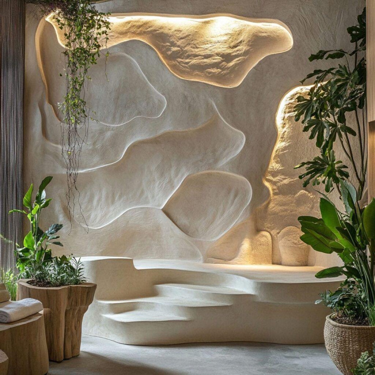 Sculpted relief wall, hand-carved and lit from above