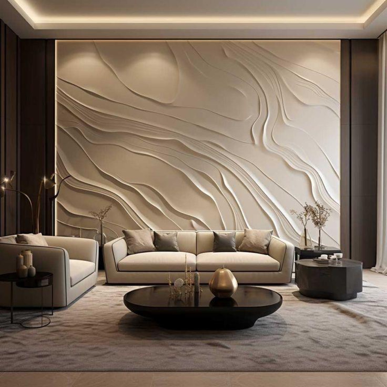 Wave-form relief wall behind a low sofa