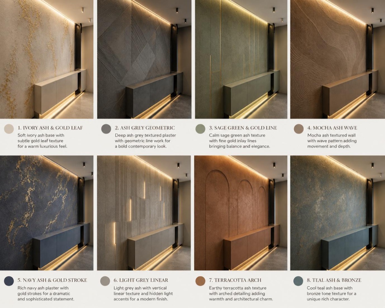 Board of labelled laminate and marble samples in golds, greens and greys