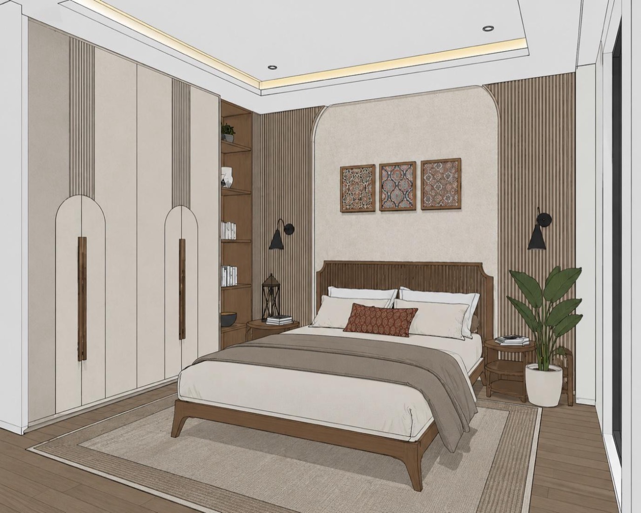 Untextured 3D model of the same bedroom before rendering