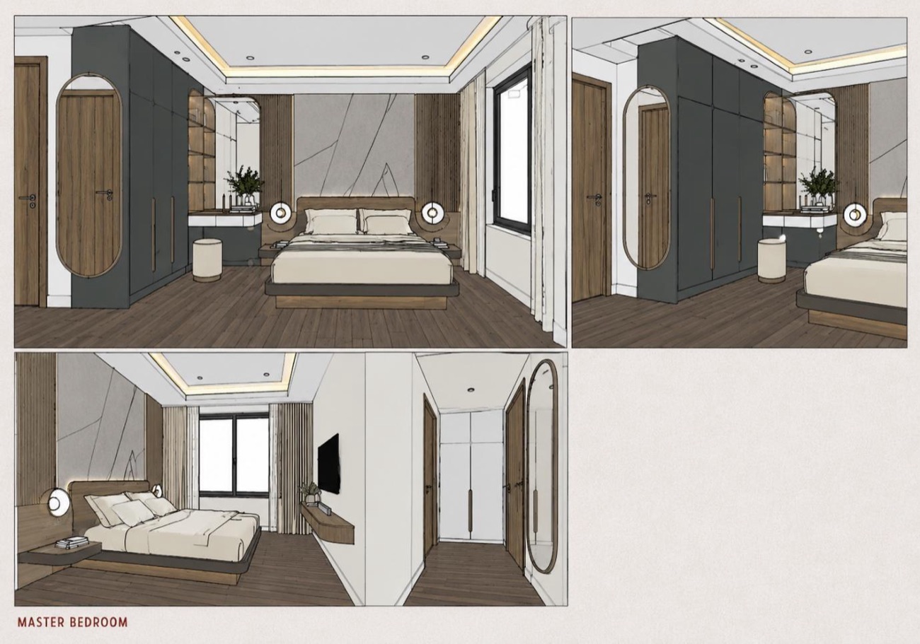 Working layout sheet for a bedroom, shown from four angles