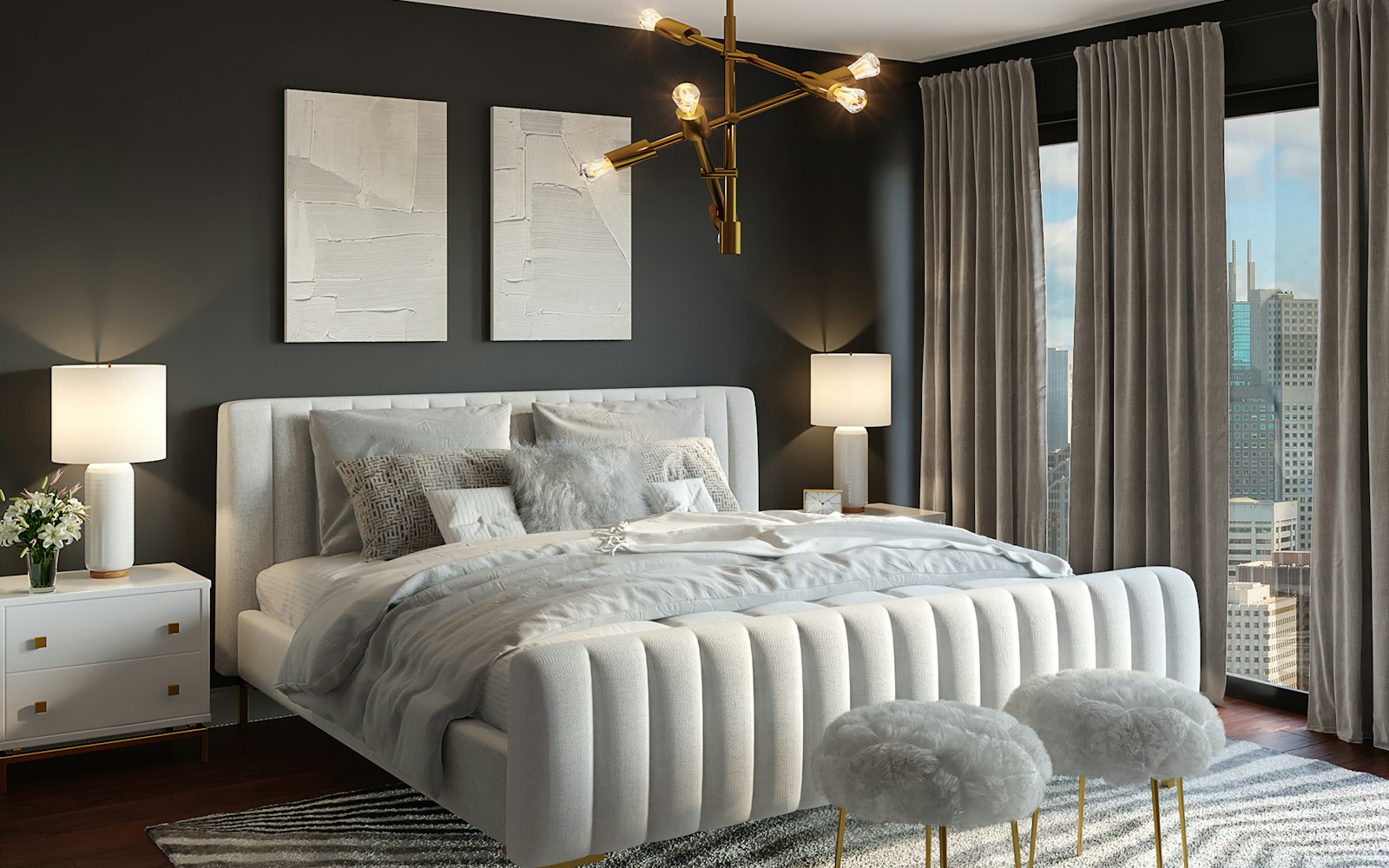 Serene bedroom in soft greys with layered bedding