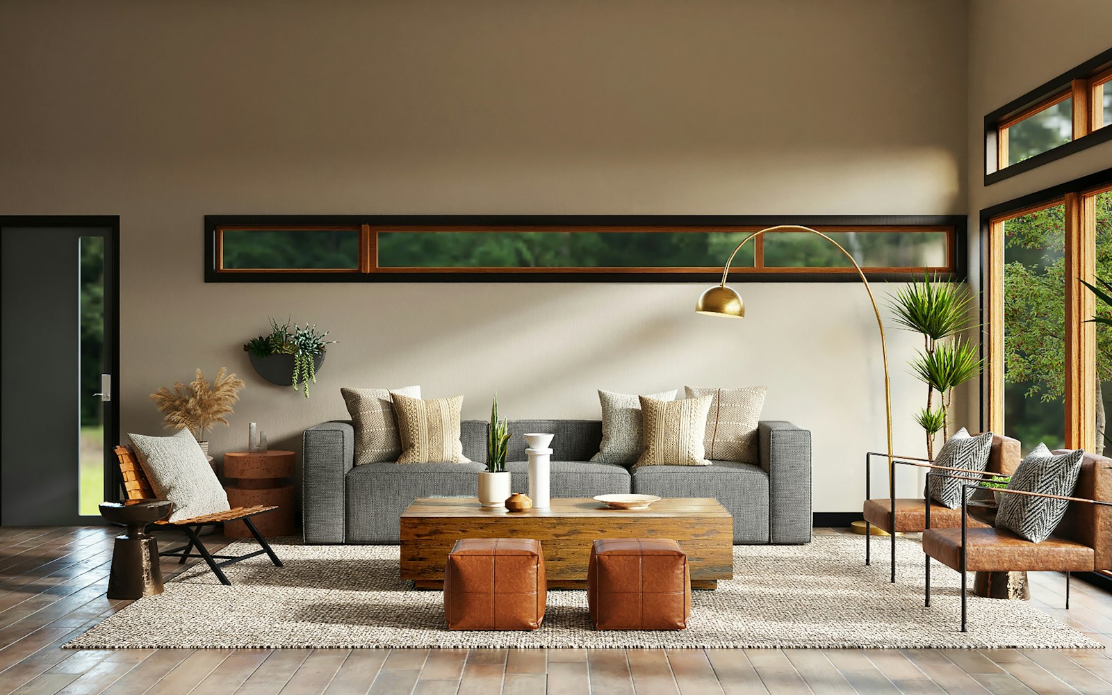 Open living space with layered lighting