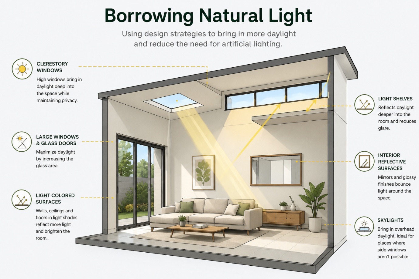 Diagram of clerestory windows, skylights, light shelves and reflective surfaces bringing daylight deeper into a room