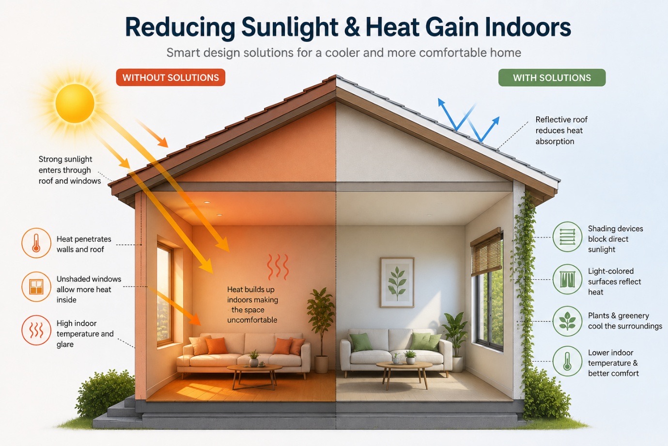 Diagram of shading devices, light-coloured surfaces, a reflective roof and planting reducing indoor heat gain