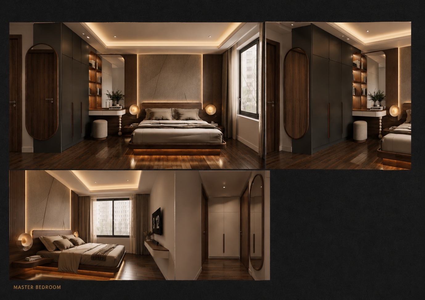 Rendered master bedroom shown from three angles