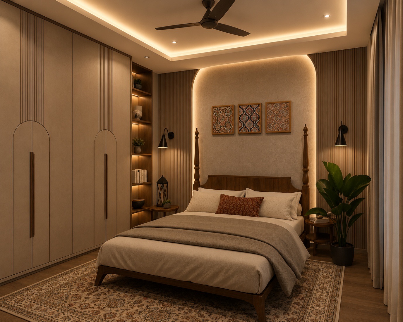 Rendered bedroom with fluted headboard wall and cove lighting