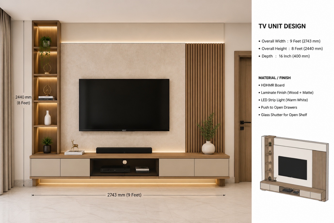 Rendered TV unit with dimensions and the material schedule