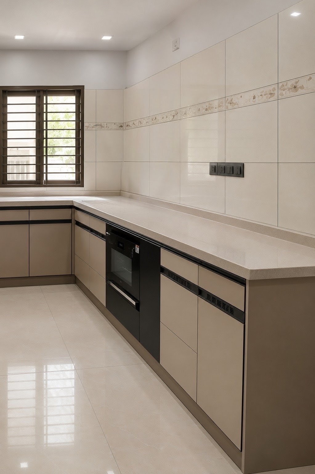 The finished kitchen on site, counter and built-in oven installed