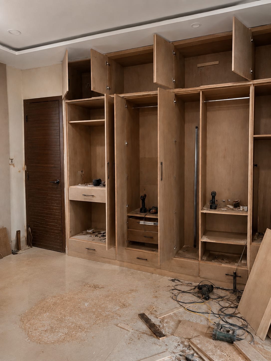 Wardrobe carcass built in place, tools and offcuts still on the floor