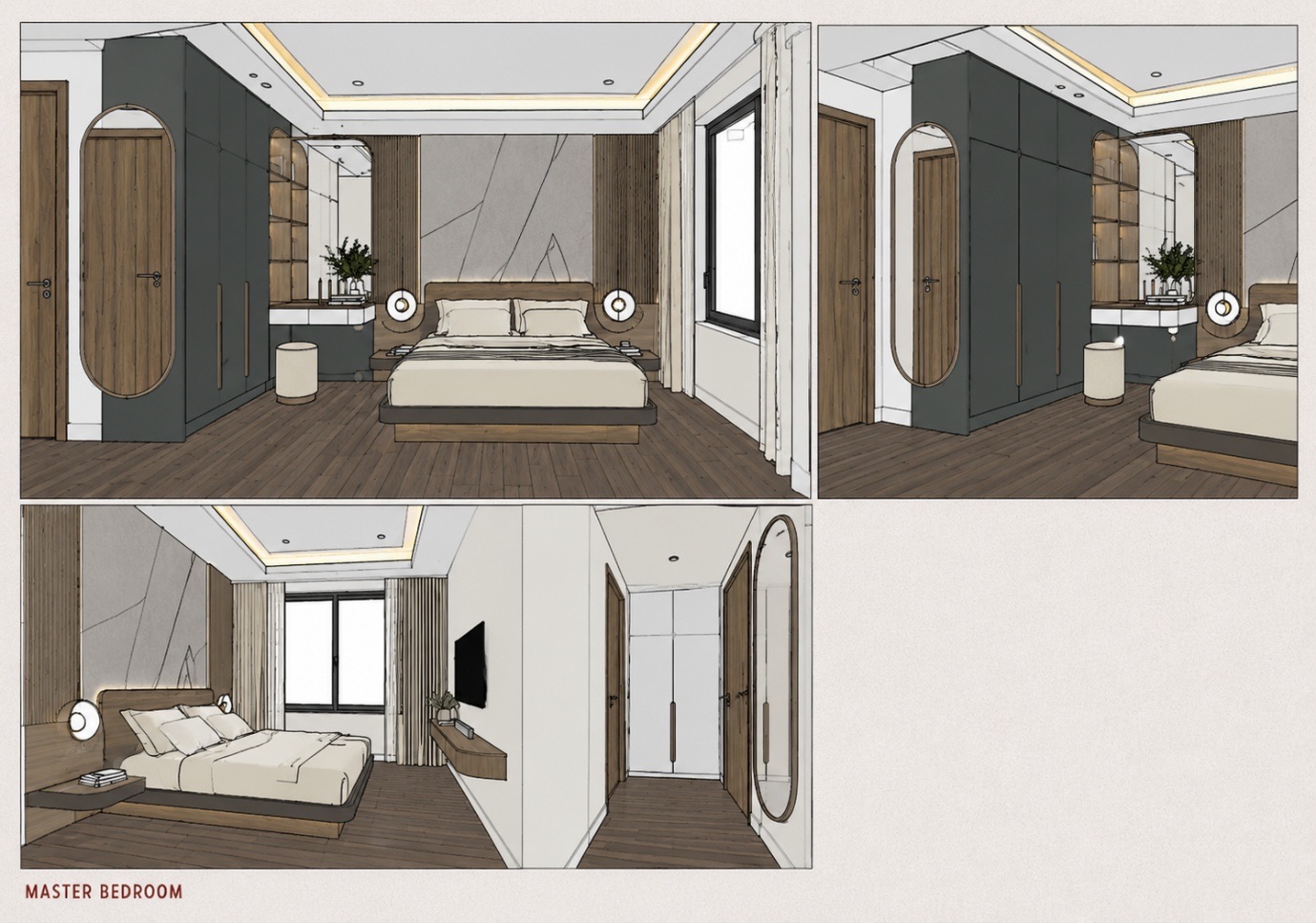 Master bedroom model shown from three angles, before rendering