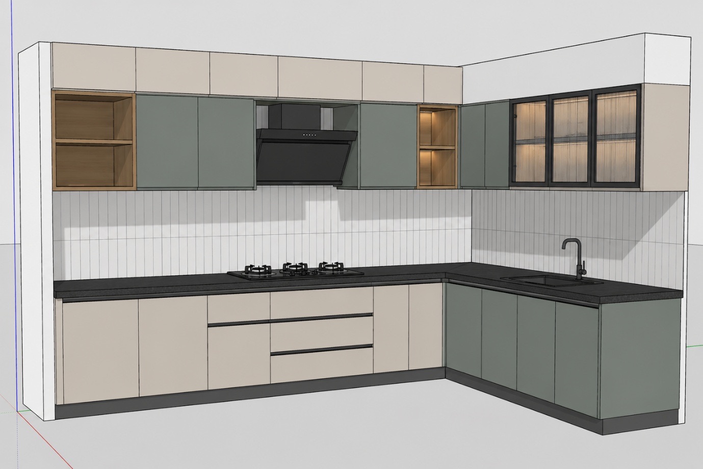 Model of the L-shaped modular kitchen in sage and cream, before rendering