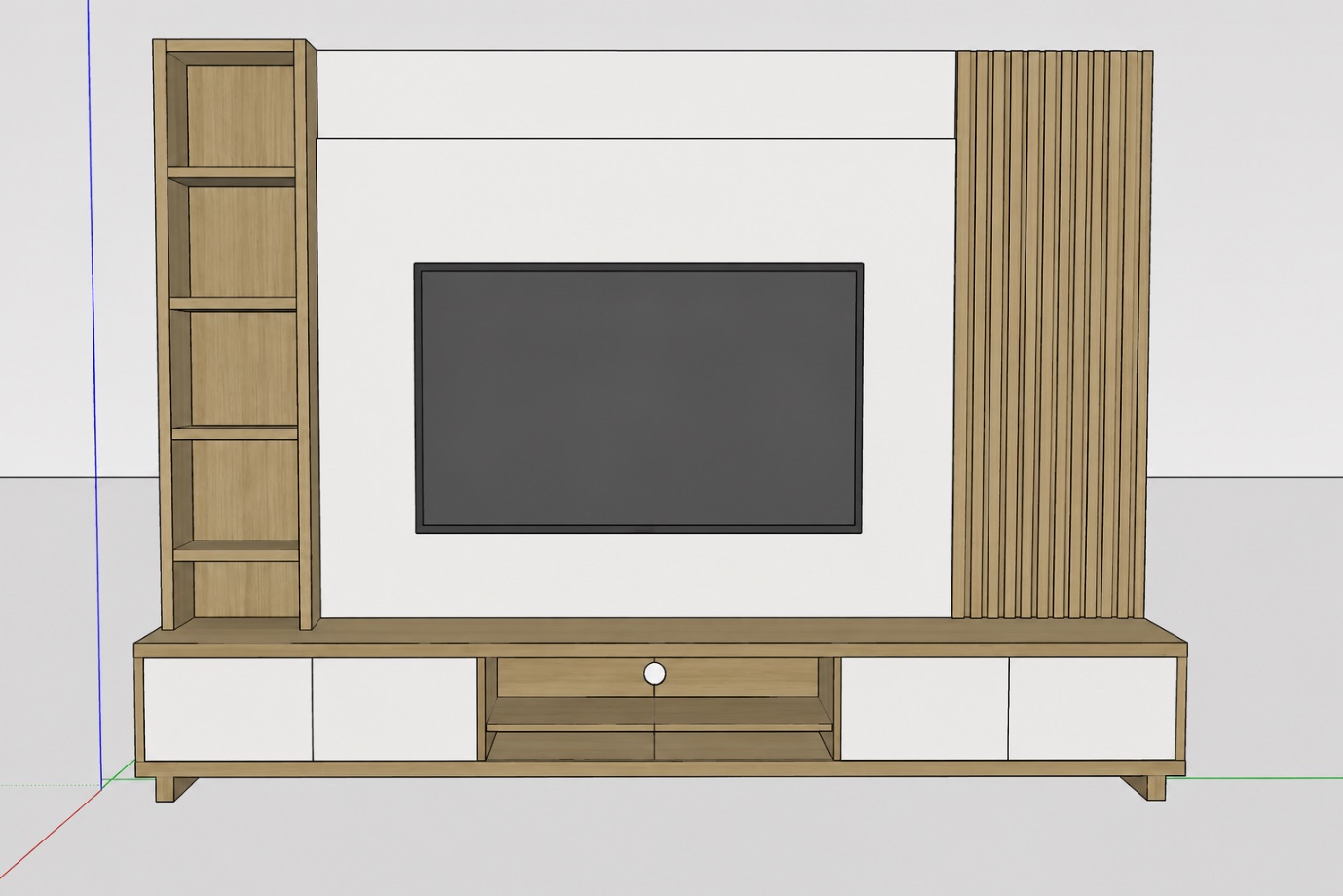 Model of the TV unit with fluted panel and open shelving, before rendering