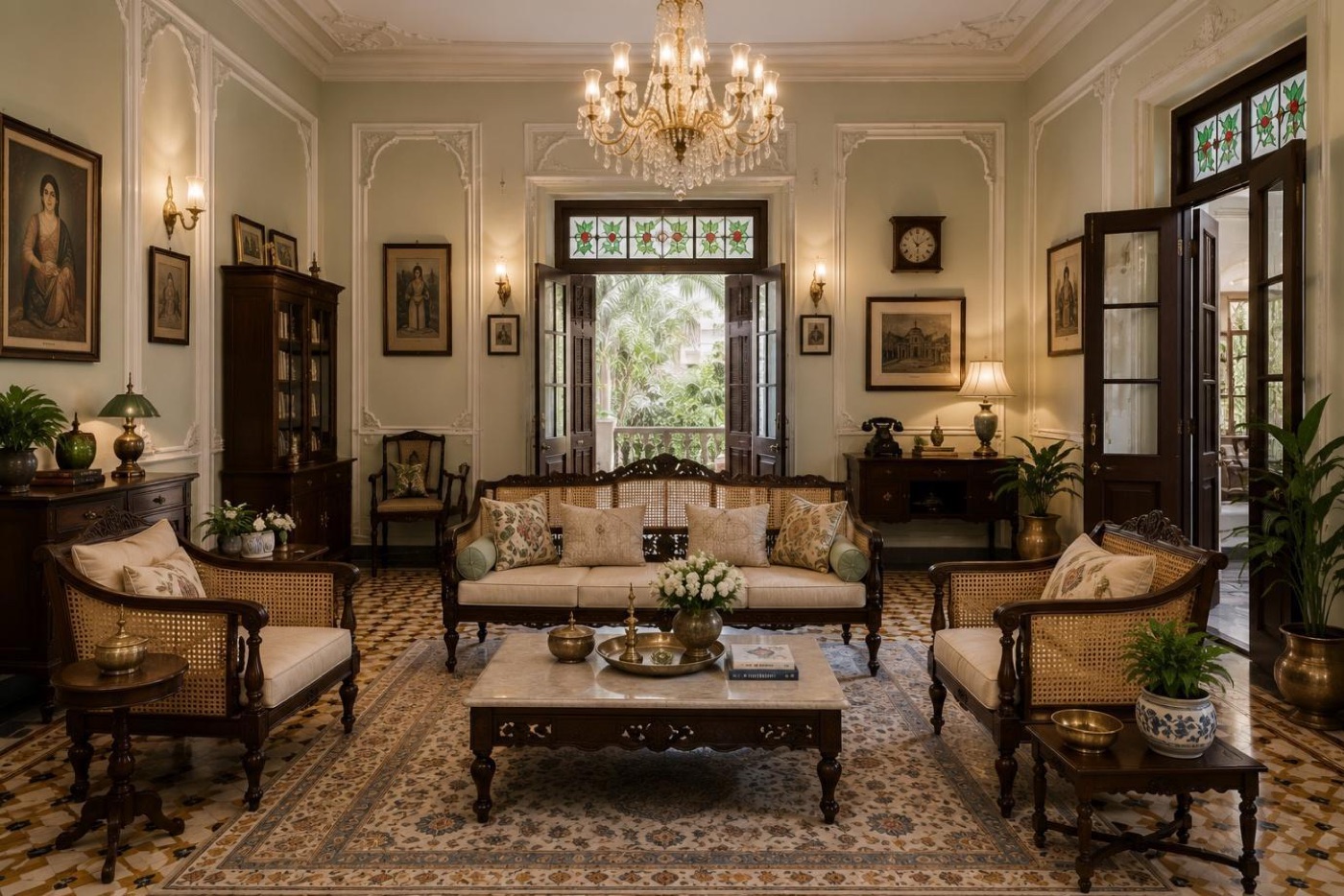 Bengali drawing room with louvred doors, stained glass and cane furniture