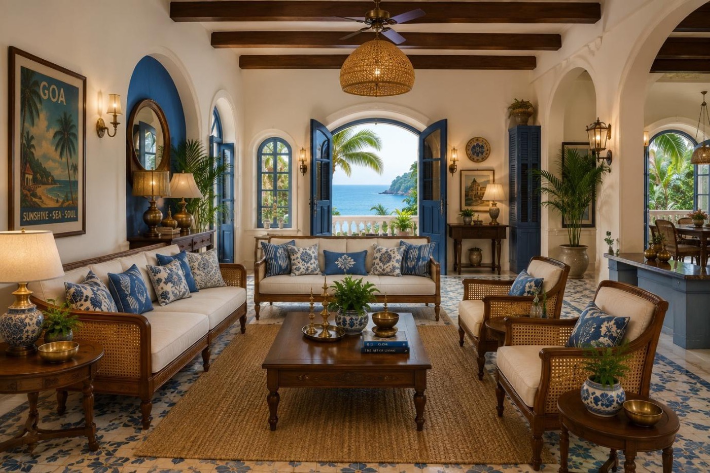 Goan living room with blue shutters, whitewashed arches, beams and jute rug