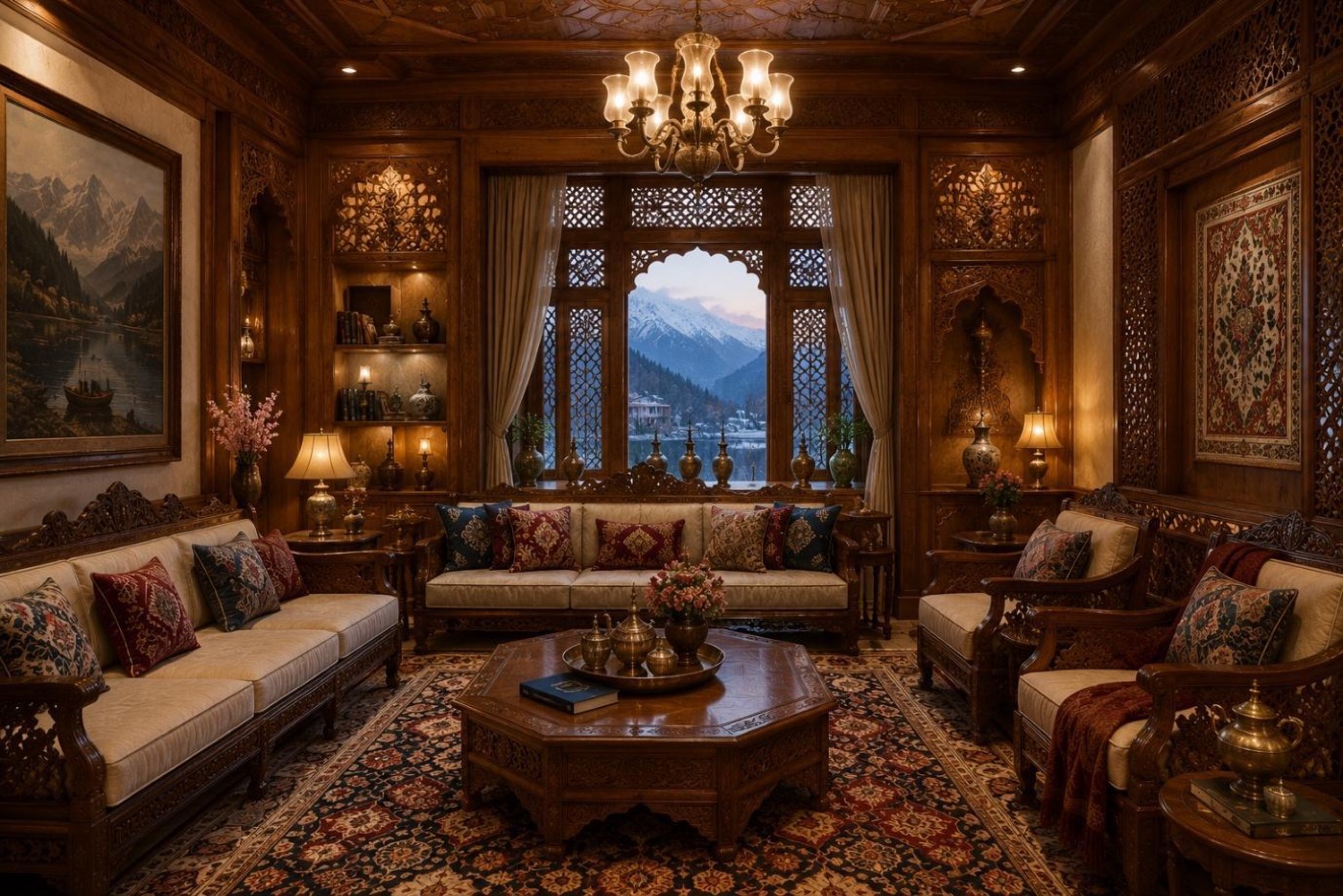 Kashmiri sitting room panelled in carved walnut with layered carpets