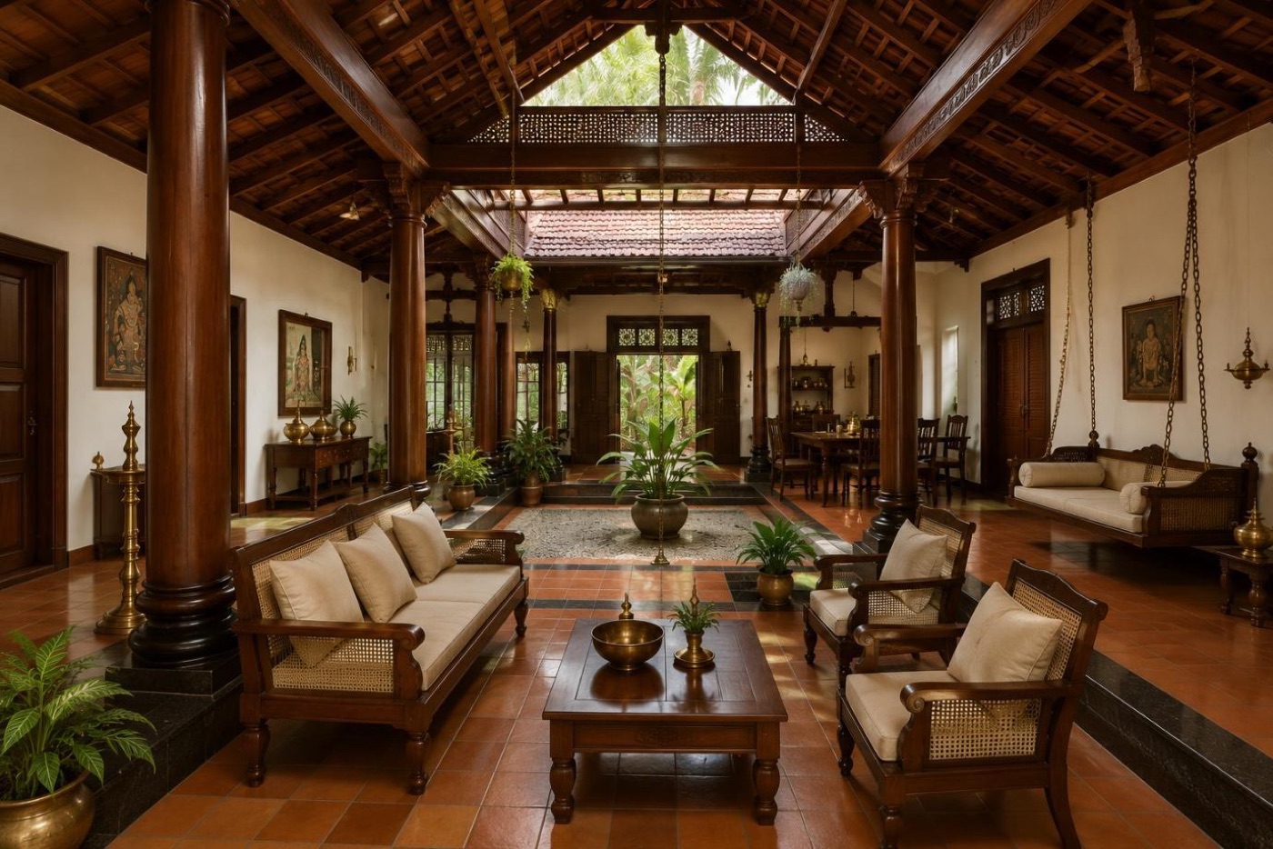 Kerala home with central courtyard, timber roof, terracotta floor and cane furniture