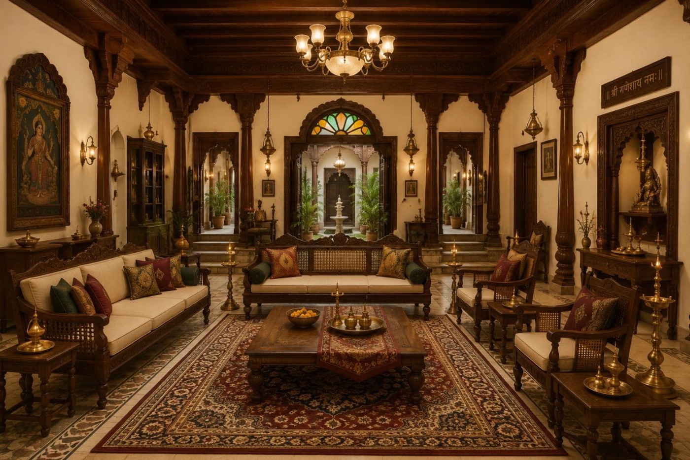 Maharashtrian heritage living room in dark timber with traditional detailing
