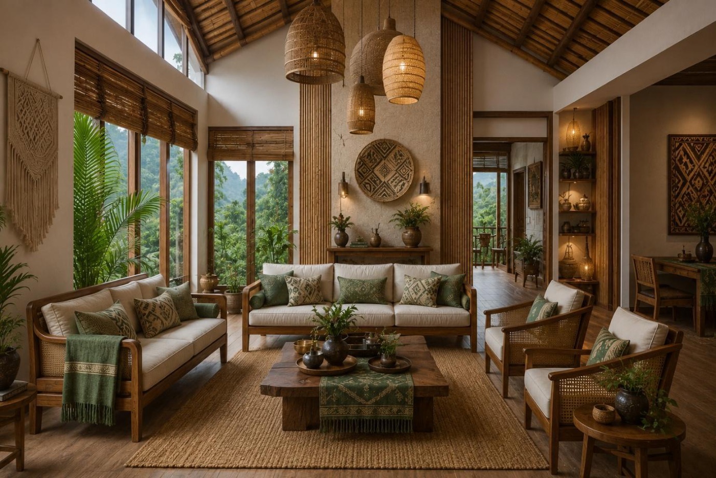 North-East inspired living room with bamboo, cane seating, woven pendants and macrame against forest greenery
