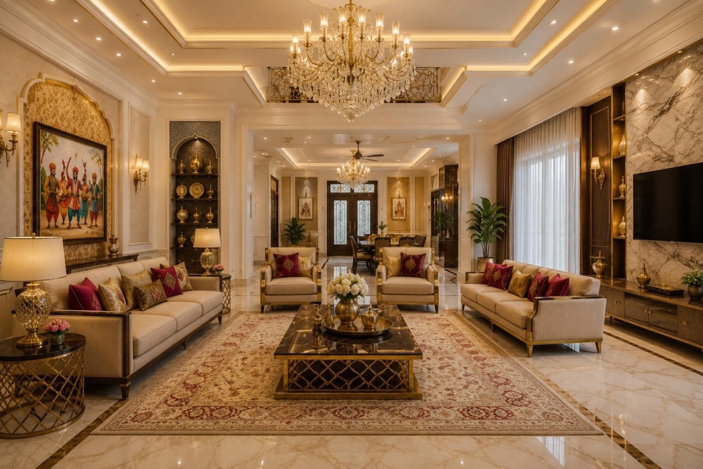 Punjabi living room with marble floors, crystal chandelier and red cushions