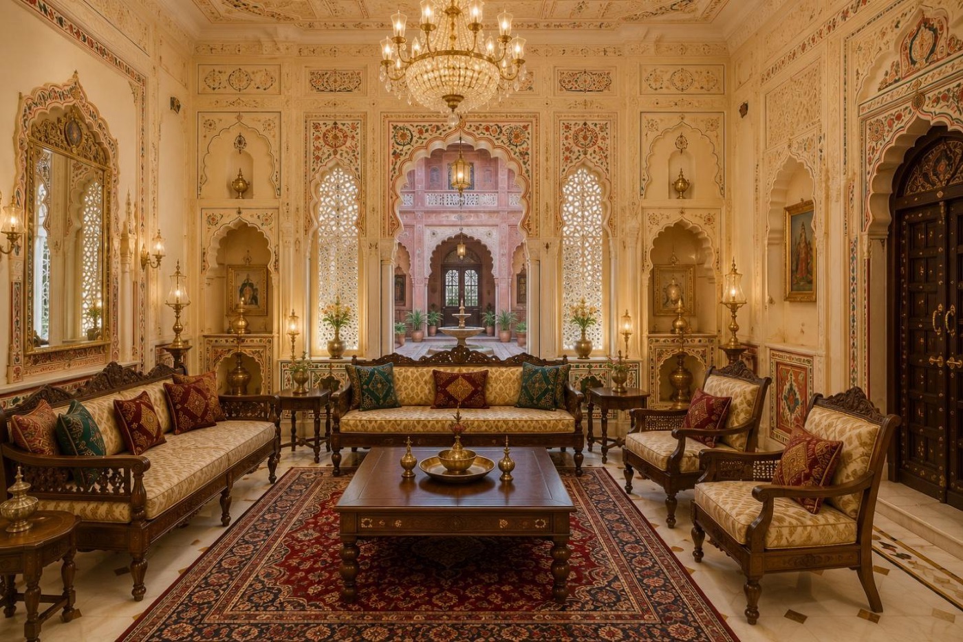 Rajasthani room with frescoed arches, jali screens and a crystal chandelier