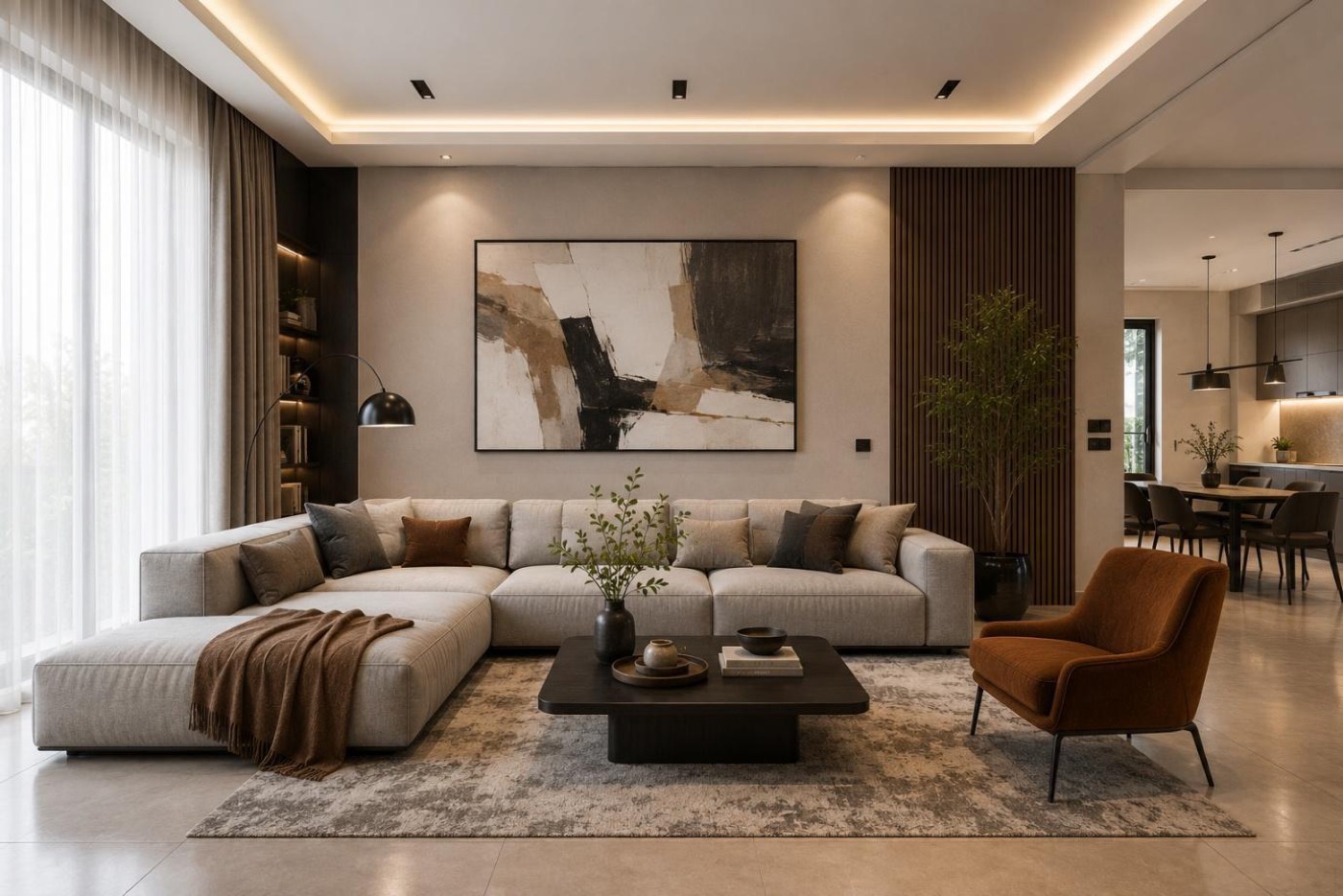 Contemporary living room with a large artwork, tan armchair and layered neutral rug