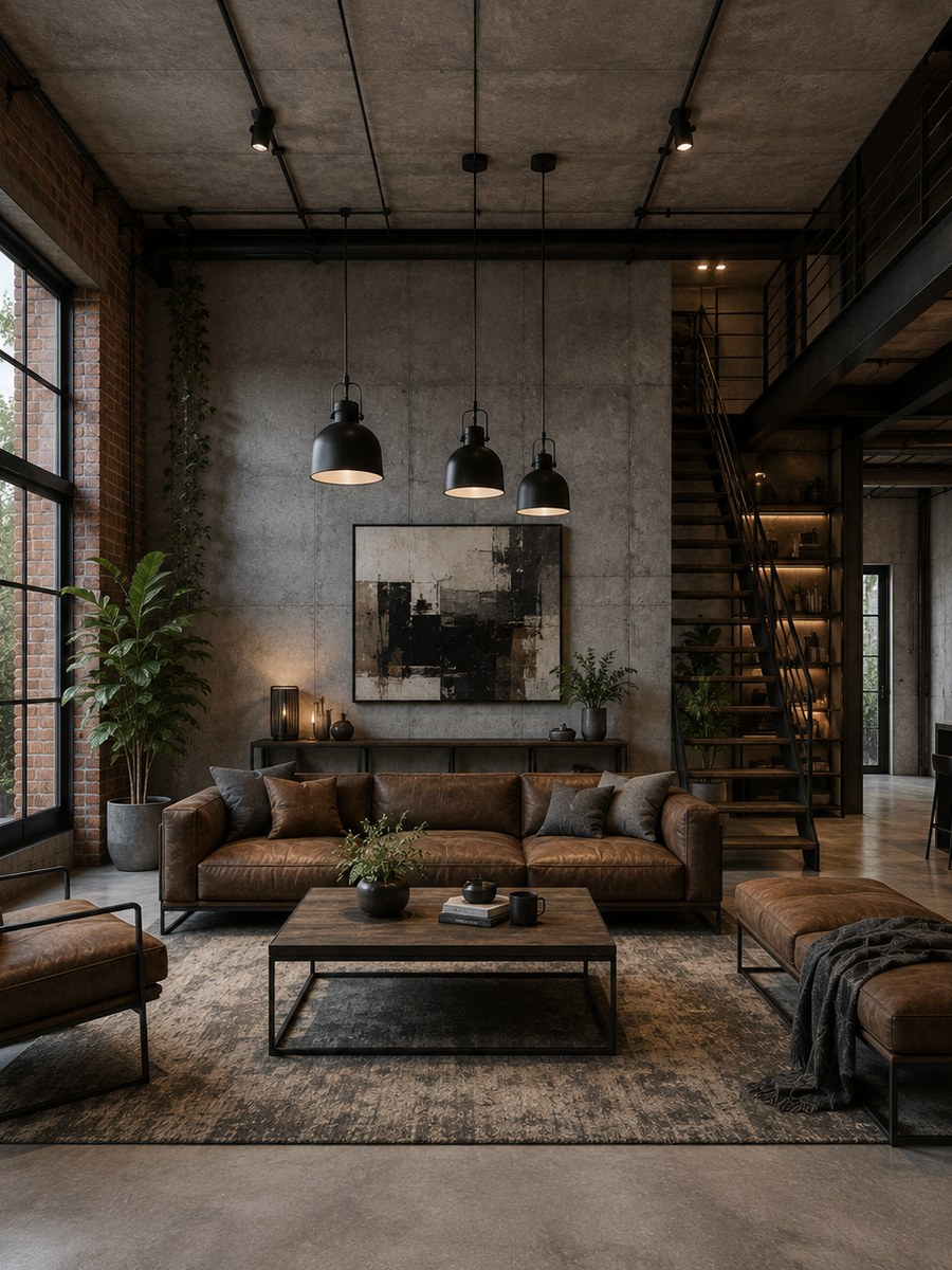 Industrial theme — loft living room with concrete walls, exposed brick, steel stair and tan leather sofa