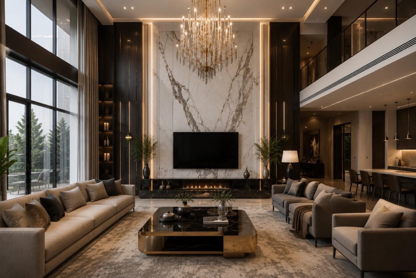Double-height luxury living room with marble feature wall, chandelier and long sofa
