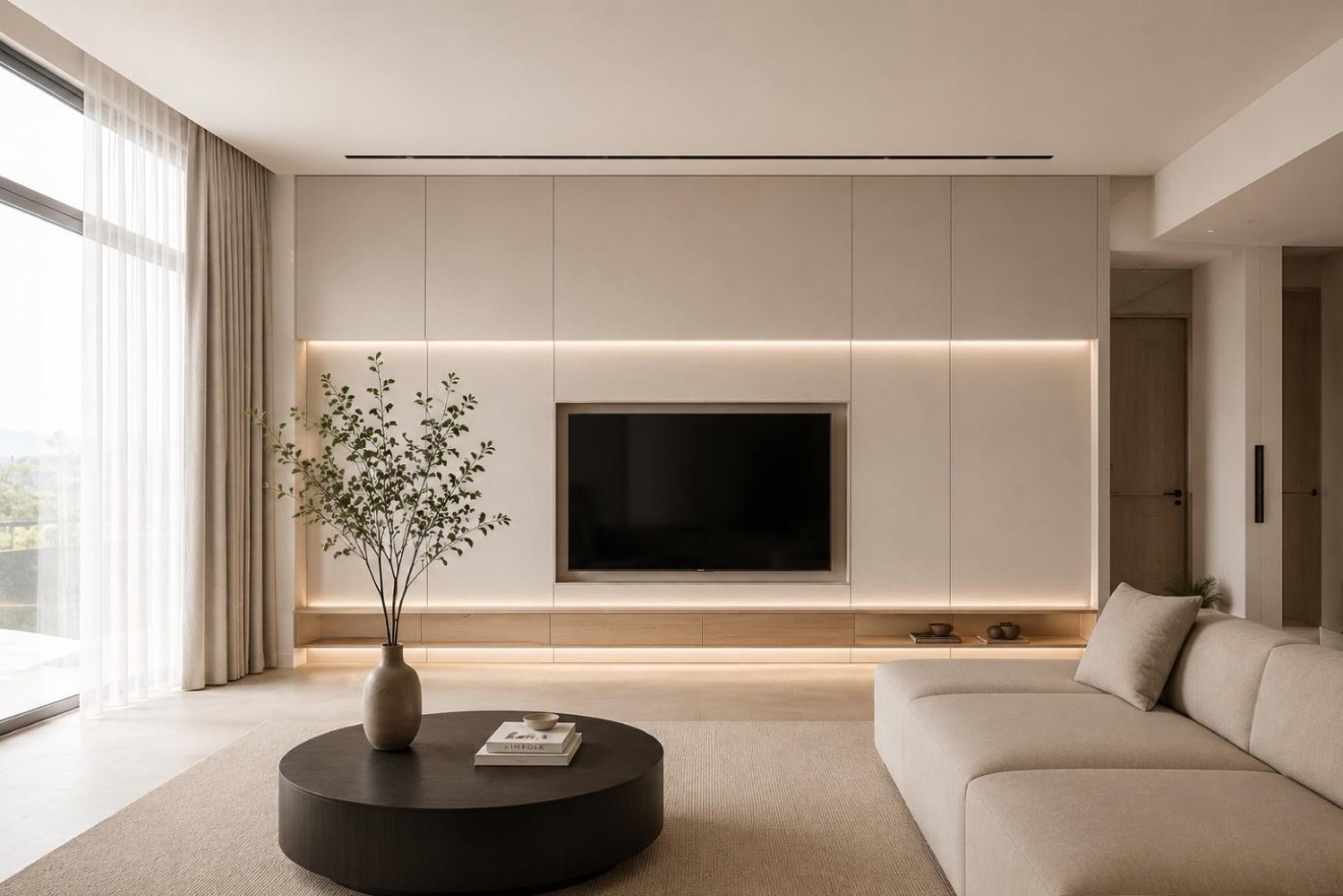 Modern minimalist living room in pale tones with a recessed lit TV panel and low round table
