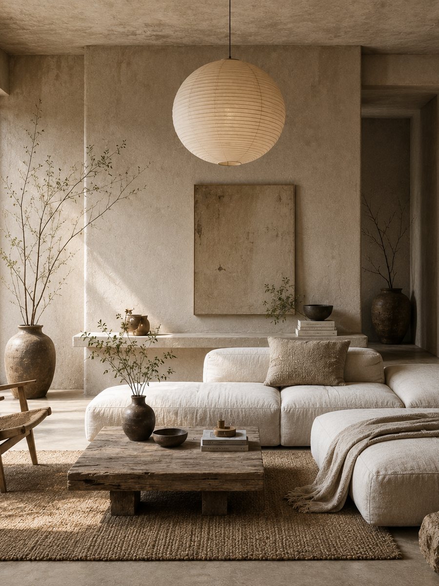 Wabi-Sabi theme — hand-plastered room with a paper lantern, linen seating and aged clay vessels