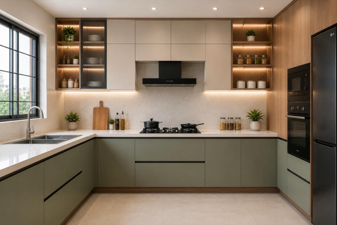 Kitchen collection option 2 — same layout in an alternative laminate and finish