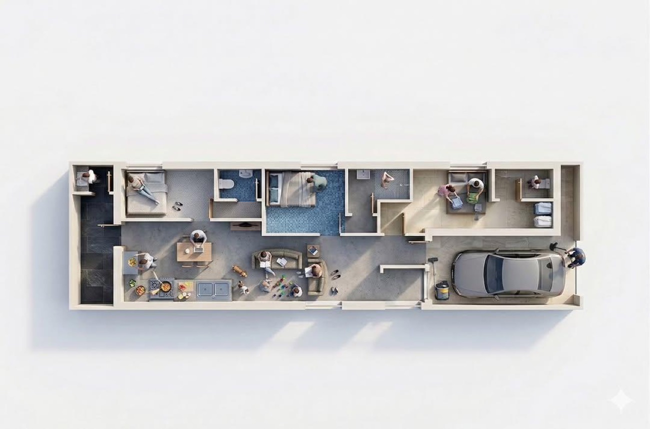 Three-dimensional cutaway of the whole floor plan, furnished