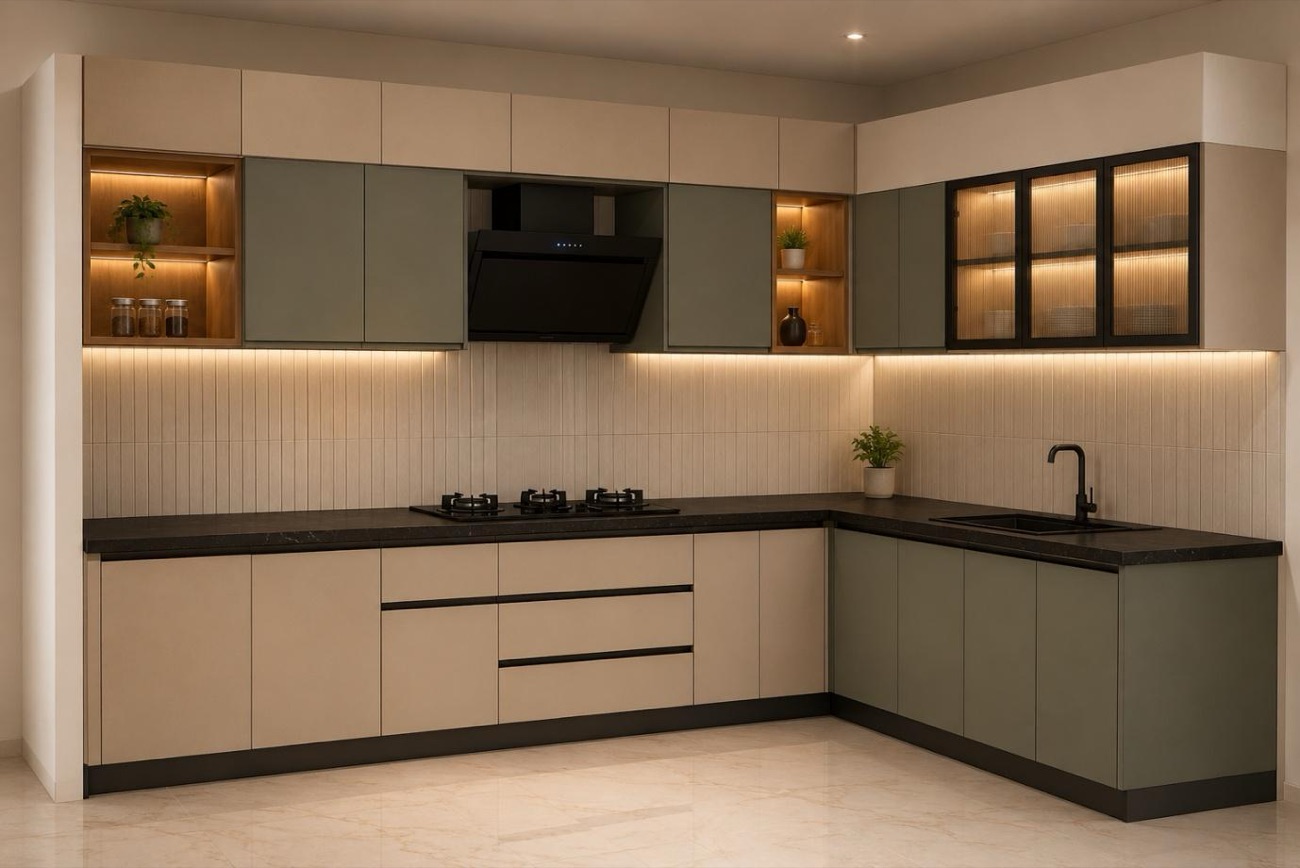 Rendered L-shaped kitchen in sage with a dark counter