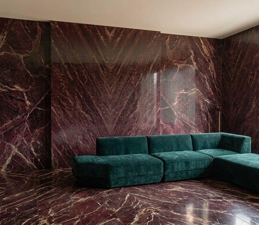 Living room in burgundy marble-effect walls with a deep green velvet sofa