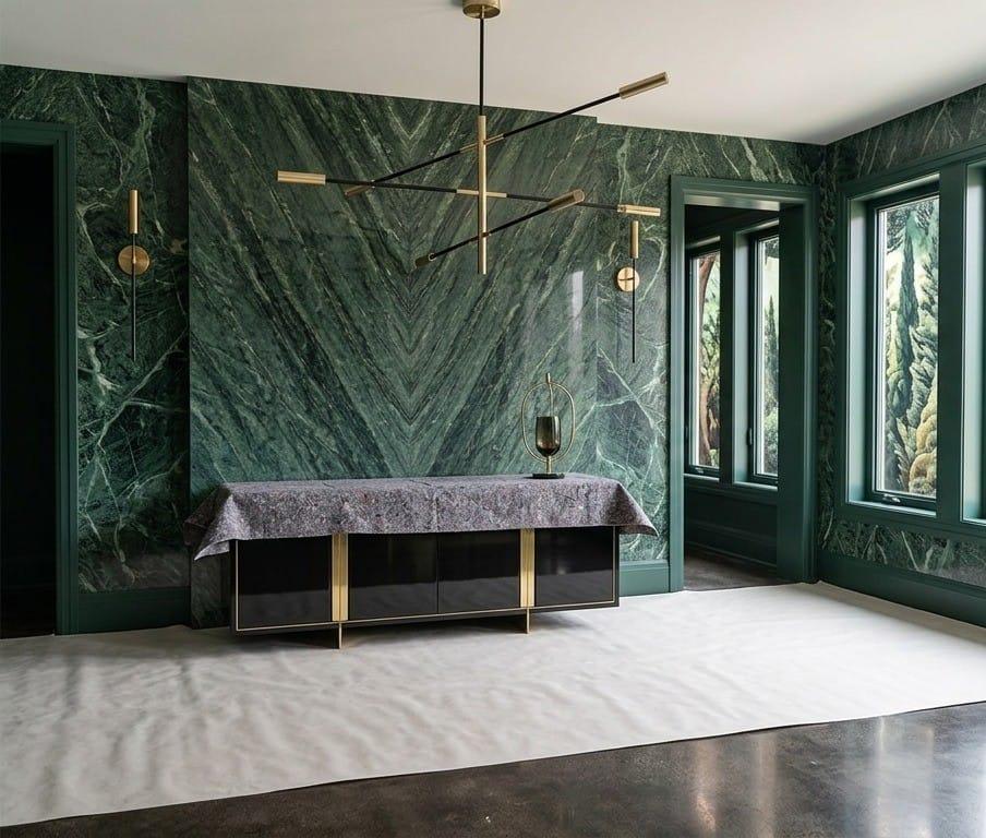Dining room in deep green marble-effect walls with a brass chandelier