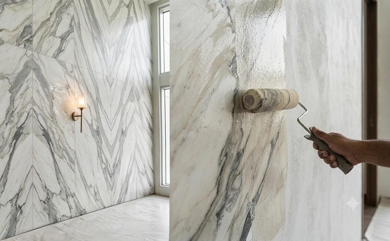 A roller applying marble texture paint by hand, beside the finished wall